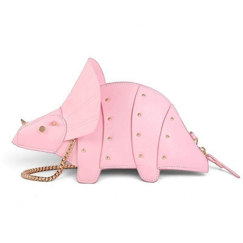 Pordein pink vegan leather Triceratops mini bag with gold stud details and chain strap.