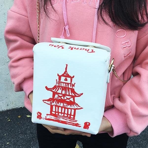 Pordein white PU leather mini bag shaped like a Chinese takeaway box with red pagoda design and "Thank You" text.