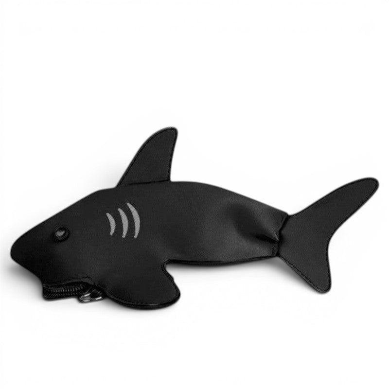 Pordein black PU leather mini shark handbag with zip closure and optional strap.