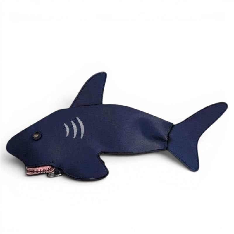 Pordein Baby Shark Mini Bag in navy blue PU leather, shaped like a shark with a pink zipper mouth and optional strap.