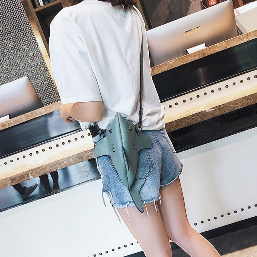 Pordein Baby Shark Mini Bag in teal PU leather with zip closure and optional strap. Fun, unique handbag.