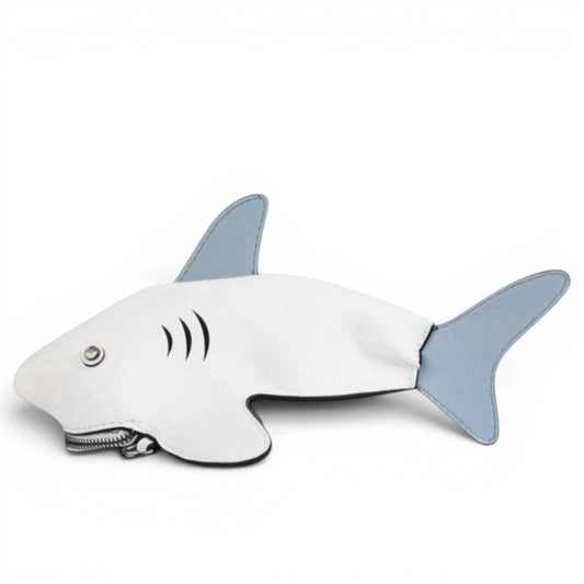 Pordein Baby Shark Mini Bag, white PU leather handbag with blue fins and zipper teeth detail.