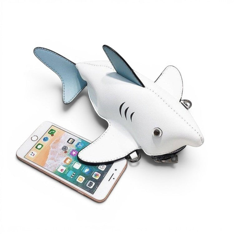 Pordein Baby Shark Mini Bag, white PU leather handbag with blue accents, featuring shark fins and a zip closure.
