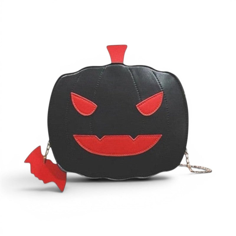Pordein black PU leather Halloween pumpkin handbag with red face details and bat keychain.