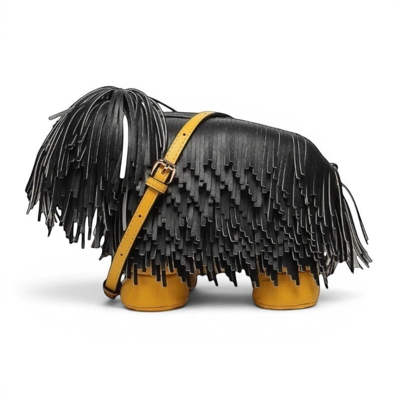 Pordein Cooper Cross Body Bag, black vegan leather with fringe, yellow strap and feet, dog-shaped.