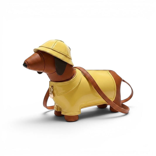 Pordein brown vegan leather dachshund bag with yellow raincoat and hat. Adjustable strap.