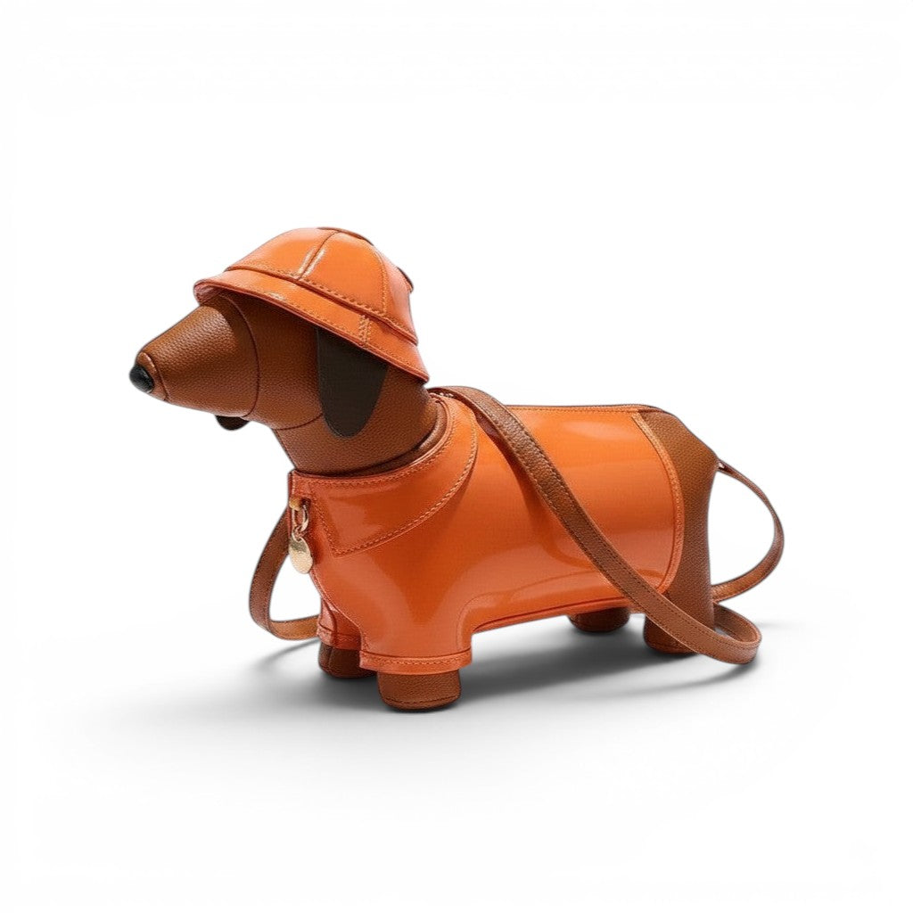 Pordein brown vegan leather dachshund bag in yellow raincoat and hat. Zippered compartment, adjustable strap.
