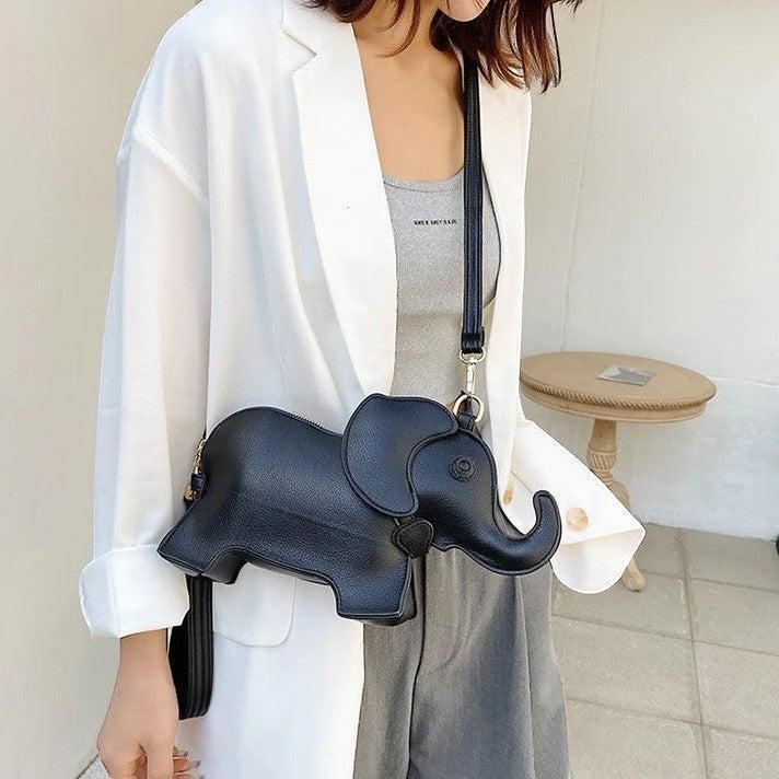 Pordein Elly Mini Bag, a black PU leather crossbody bag shaped like an elephant, with adjustable strap.