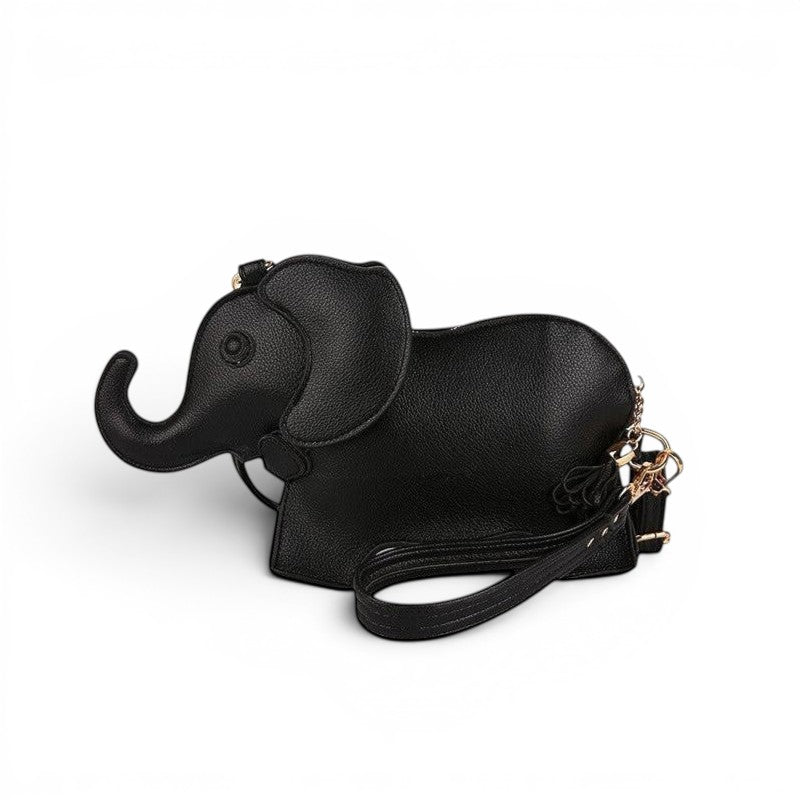 Pordein black PU leather Elly Mini Bag shaped like an elephant, with optional straps.