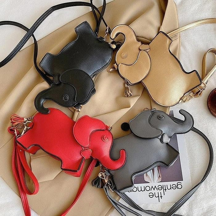 Pordein Elly Mini Bag in black, gold, red, and grey PU leather, shaped like an elephant with optional straps.
