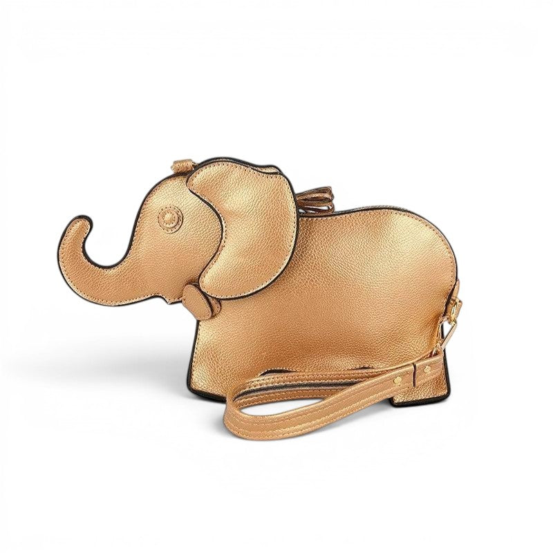 Pordein Elly Mini Bag, a gold elephant-shaped PU leather handbag with optional straps, perfect for carrying essentials.