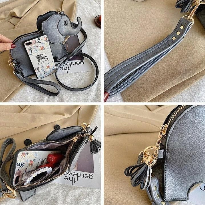 Pordein Elly Mini Bag, a grey elephant-shaped PU leather handbag with optional straps, tassel detail, and gold hardware.
