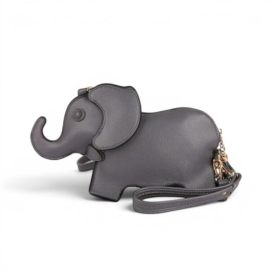 Pordein Elly Mini Bag, a grey elephant-shaped PU leather handbag with optional straps, perfect for essentials.