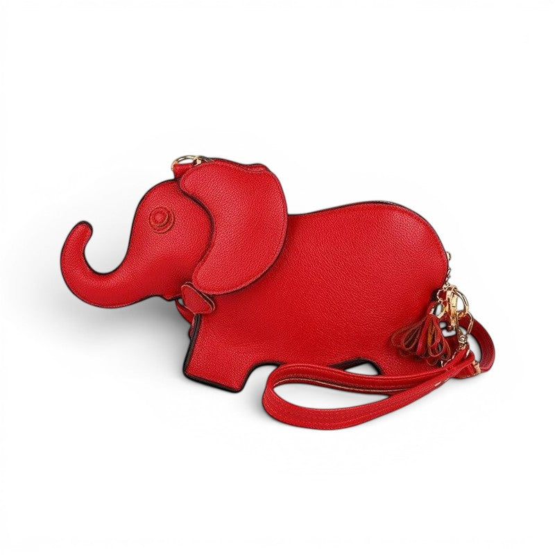 Pordein Elly Mini Bag, a red elephant-shaped PU leather handbag with optional straps and tassel detail.