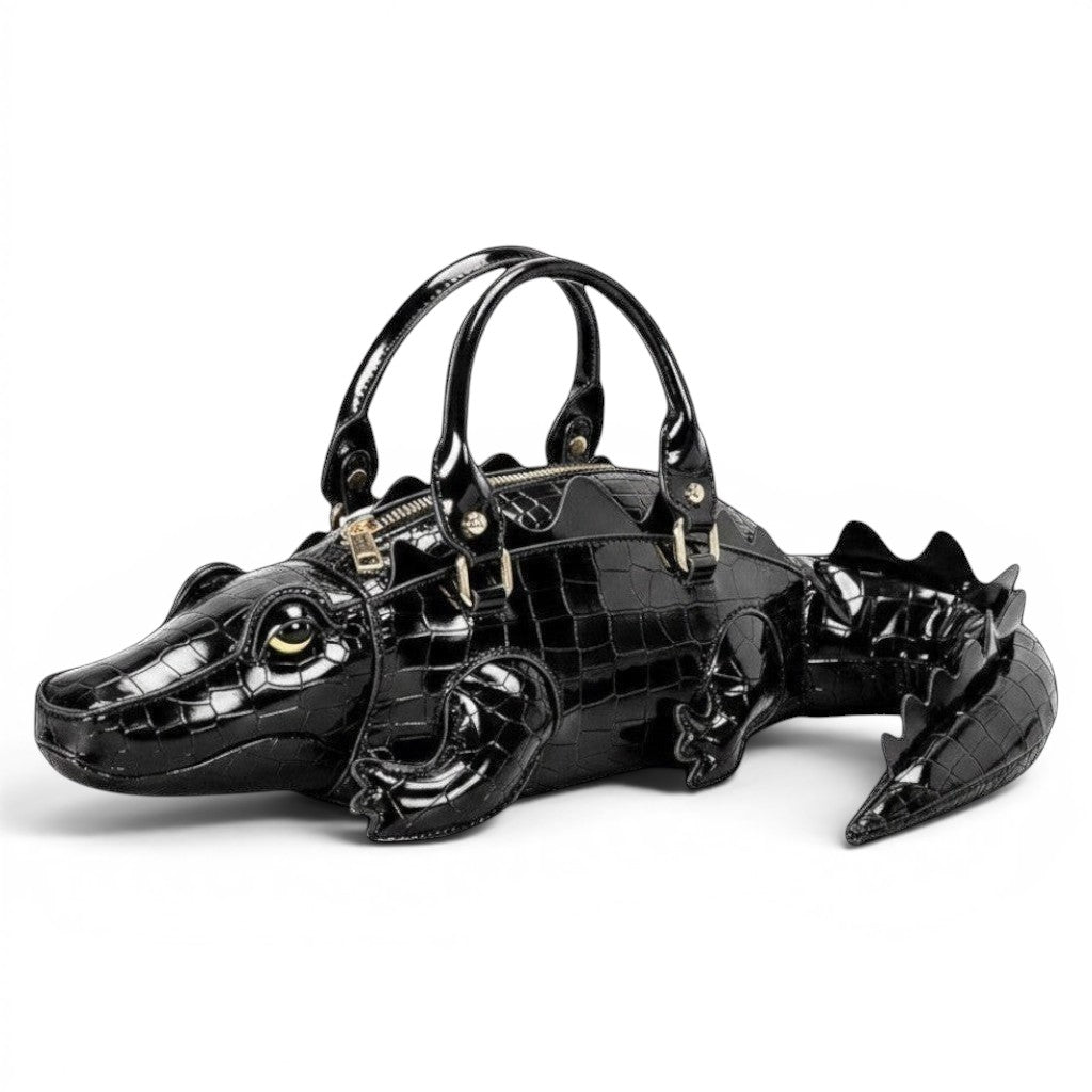 Pordein black crocodile-embossed vegan leather shoulder bag shaped like a gator with gold hardware and dual handles.