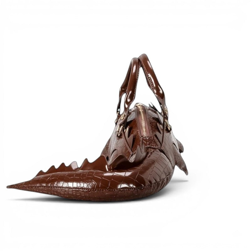 Pordein brown crocodile-embossed vegan leather shoulder bag with a tail detail and dual top handles.