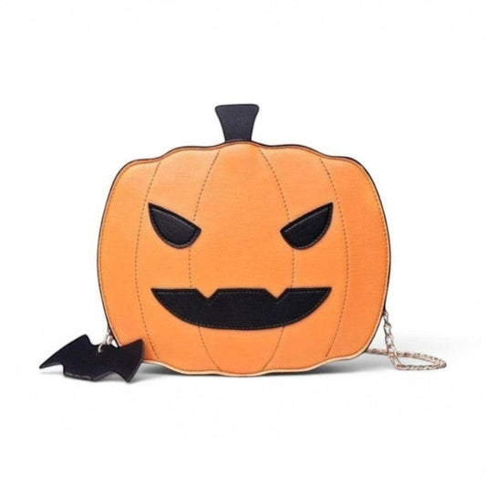 Pordein orange PU leather Halloween pumpkin bag with black face details and bat keychain. Features top zip and optional gold strap.