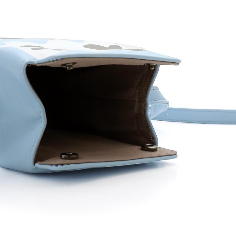 Pordein light blue PU leather mini bag shaped like a milk carton with a grey abstract pattern and adjustable strap.
