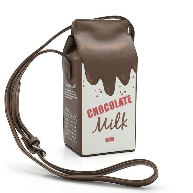 Pordein chocolate milk carton mini bag made of PU leather with a brown strap and white front panel.