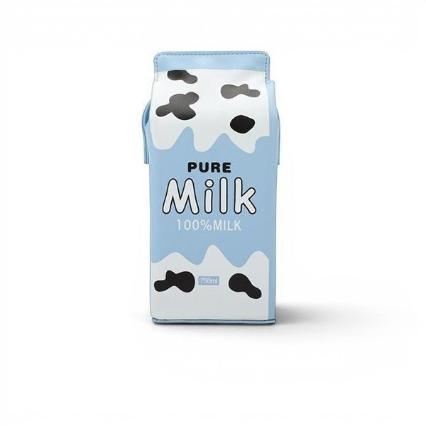 Pordein blue and white PU leather mini bag shaped like a milk carton with cow print accents and "Pure Milk 100% Milk" text.
