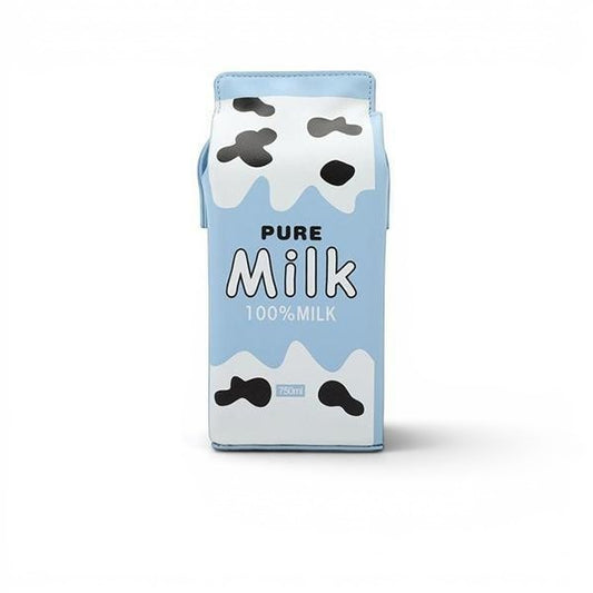 Pordein blue and white PU leather mini bag shaped like a milk carton with cow print accents and "Pure Milk 100% Milk" text.