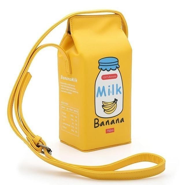 Pordein yellow PU leather mini bag shaped like a milk carton with "Milk Banana" graphic and adjustable strap.