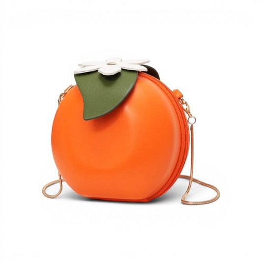 Pordein orange PU leather mini bag shaped like a fruit with a green leaf and white flower detail. Removable strap.