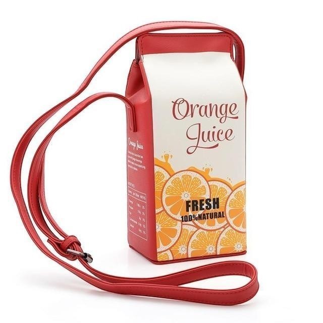 Pordein red PU leather mini bag shaped like an orange juice carton with "Orange Juice FRESH 100% NATURAL" text.