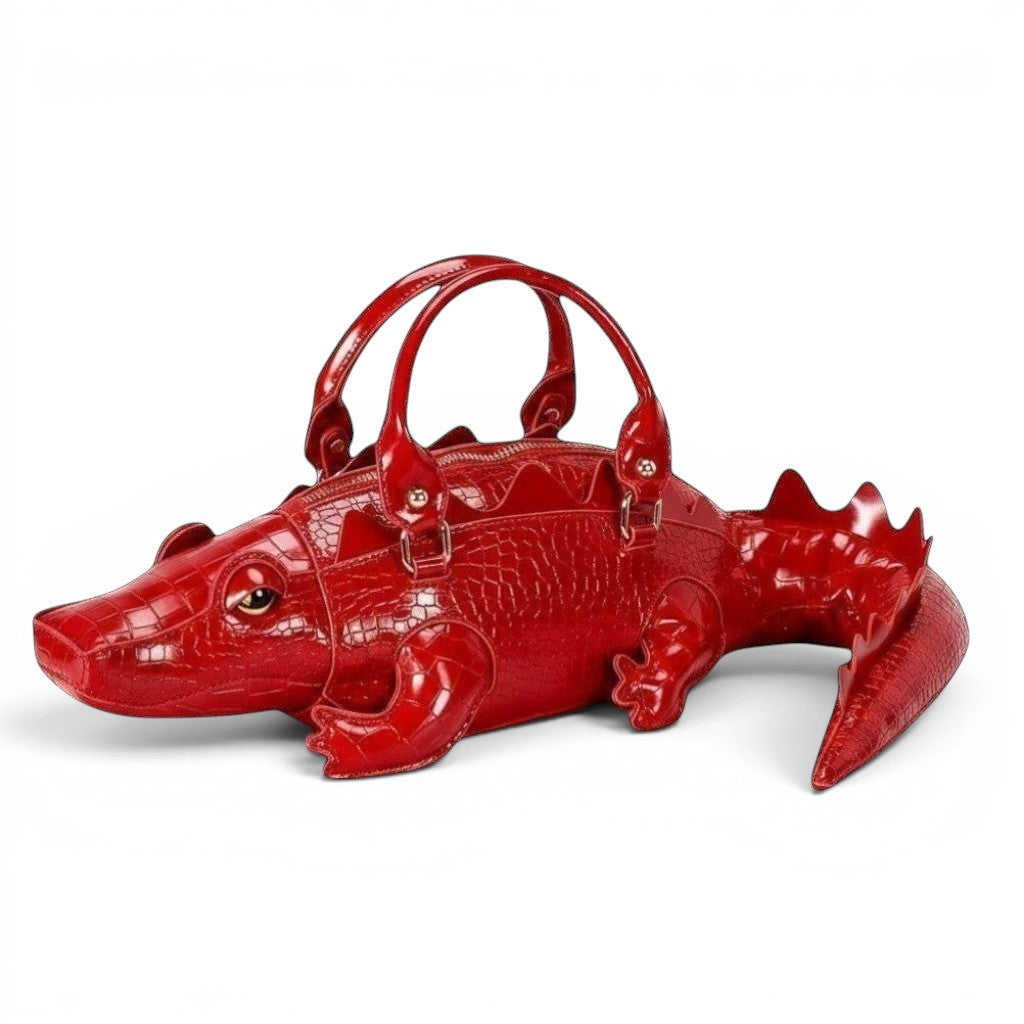 Pordein red crocodile-embossed vegan leather shoulder bag with dual handles and gold-tone hardware.