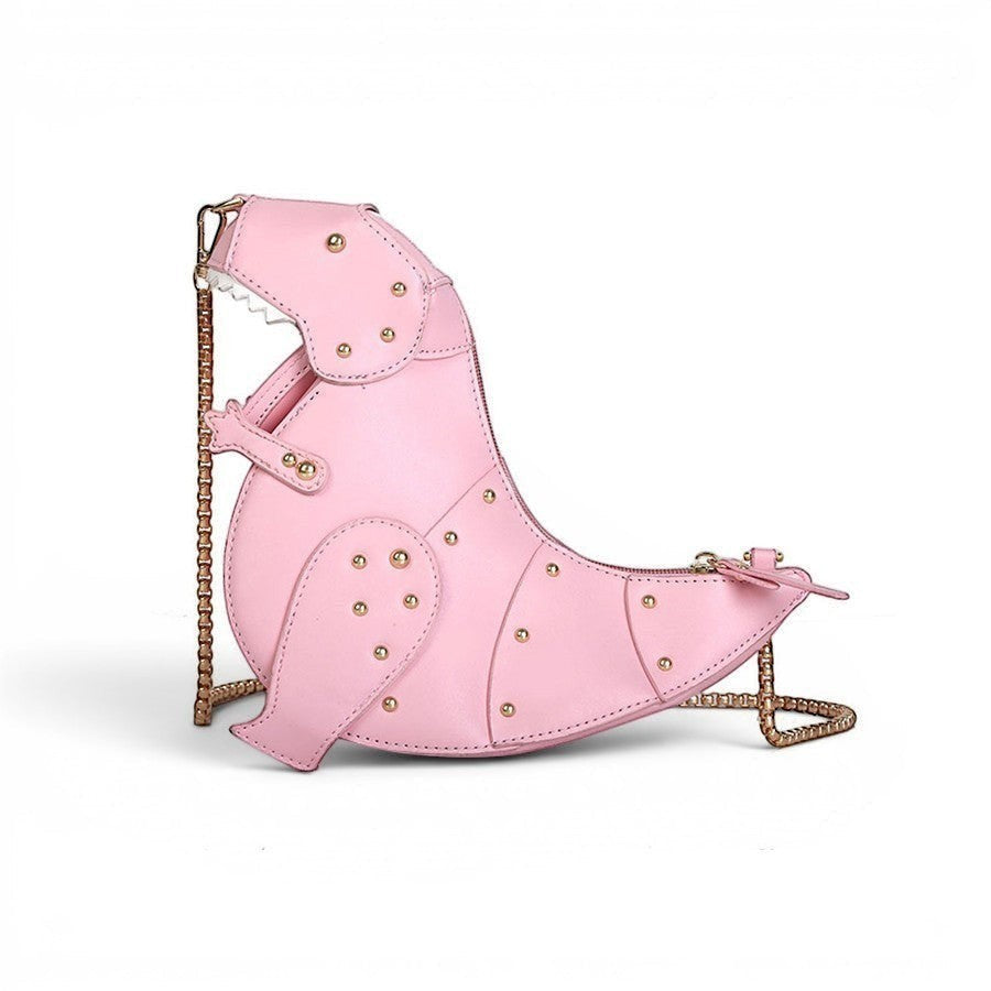 Pordein pink vegan leather T-Rex mini bag with gold studded detailing and chain strap.