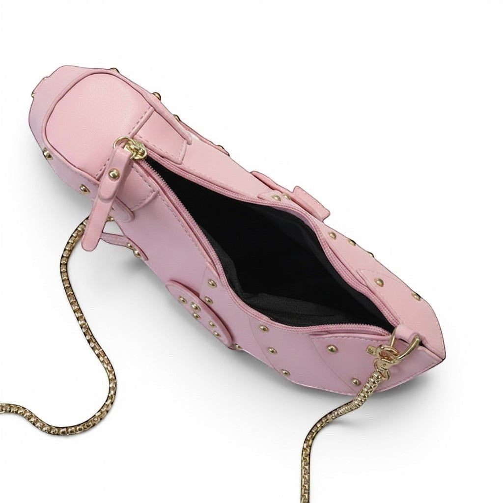 Pordein Rex Mini Bag in pink vegan leather with gold stud detailing and chain strap.