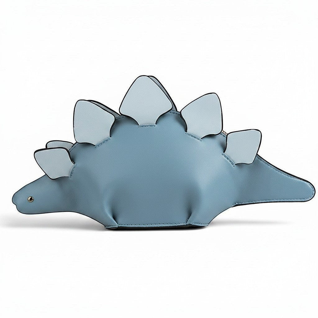 Pordein blue vegan leather Stegosaurus mini bag with signature plates and tail. Zippered compartment, removable strap.