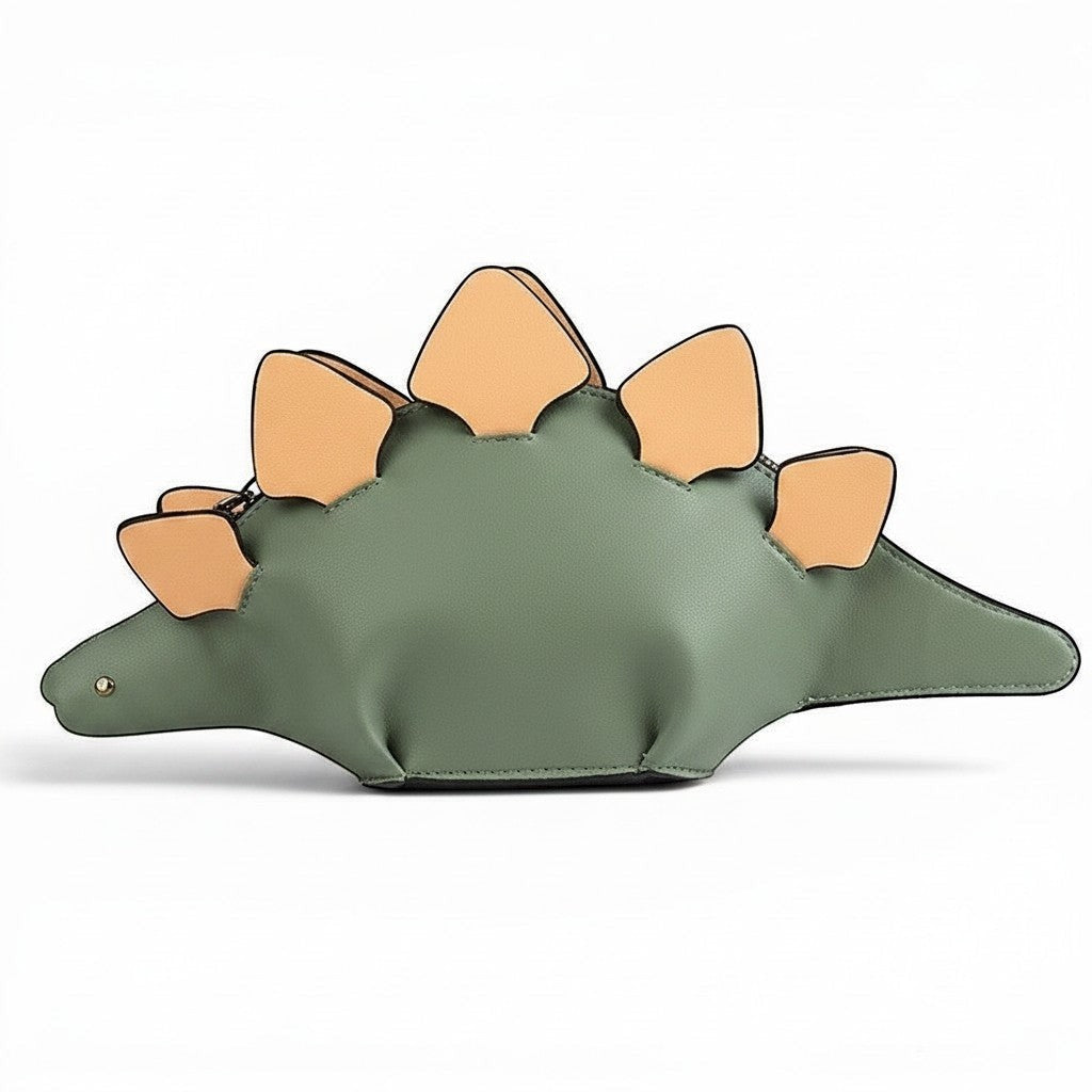 Pordein Stegosaurus Mini Bag in green vegan leather with tan plates and tail. Features a zippered compartment and removable strap.