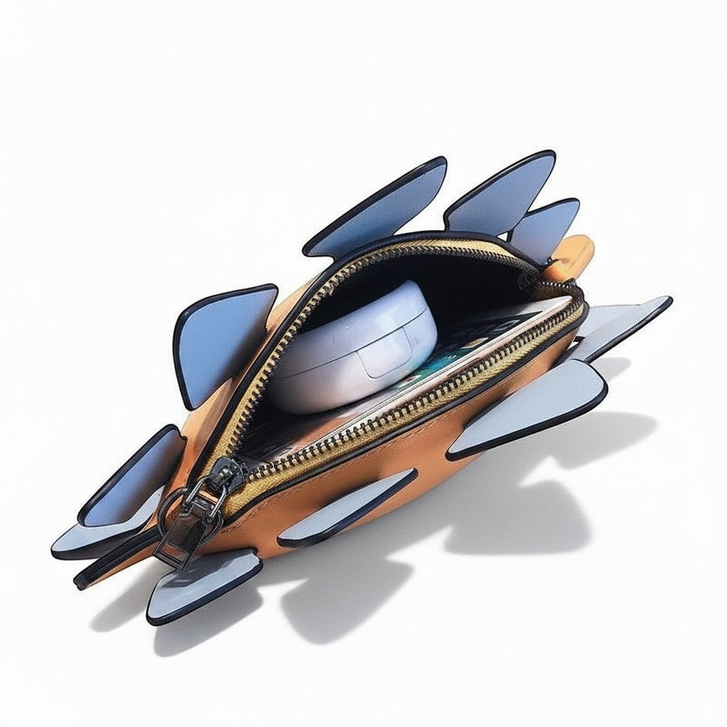 Pordein Stegosaurus Mini Bag in tan vegan leather with blue plates and tail, zippered compartment.