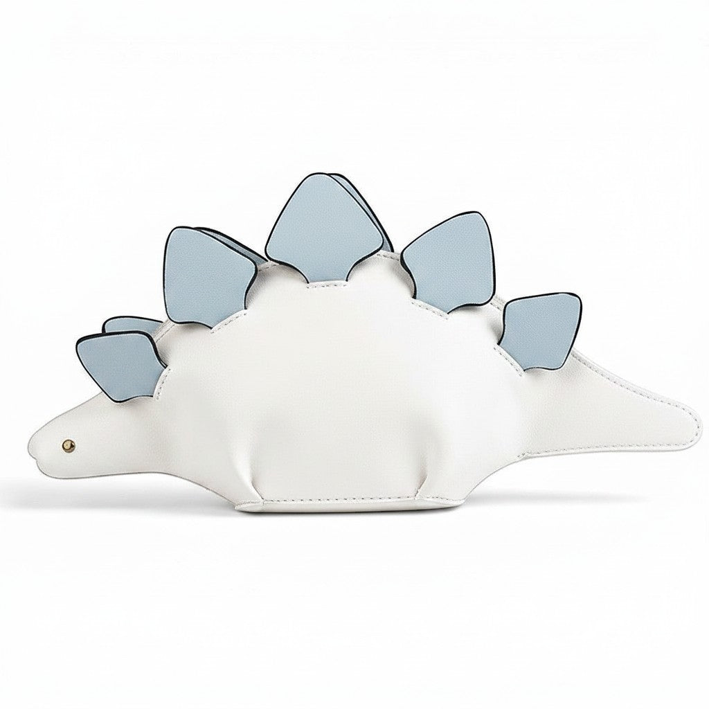 Pordein white vegan leather Stegosaurus mini bag with light blue plates and a tail.