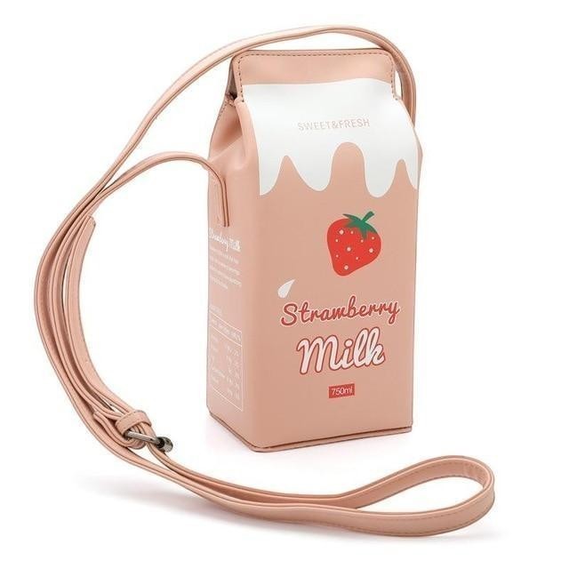 Pordein pink faux leather mini bag shaped like a strawberry milk carton with adjustable strap.