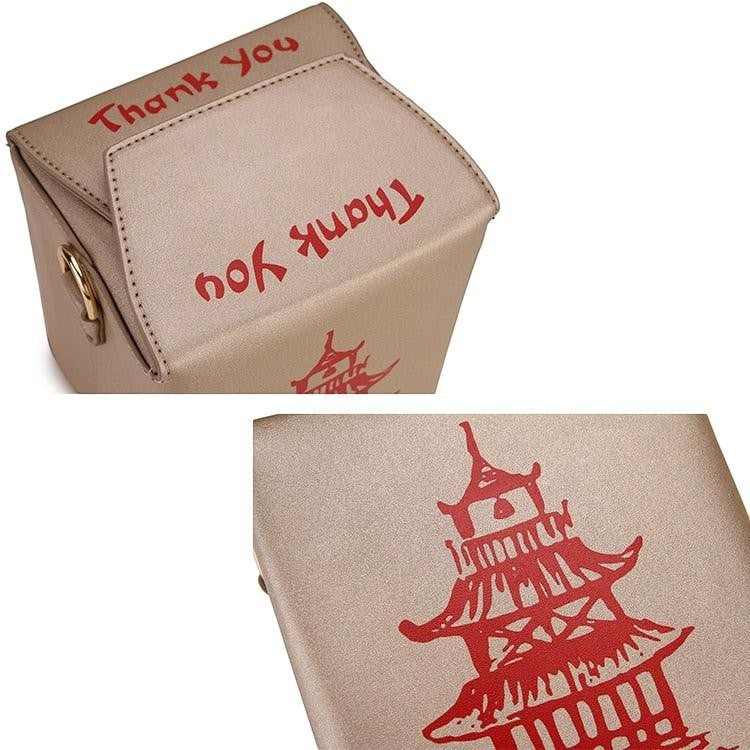 Pordein beige PU leather mini bag shaped like a Chinese takeaway box with red "Thank You" text and pagoda graphic.