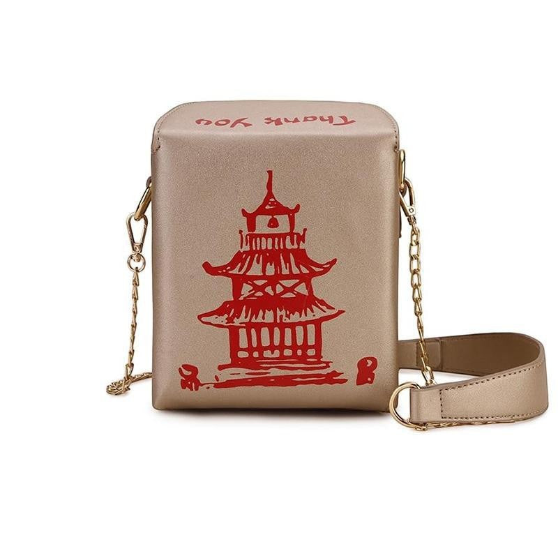 Pordein gold PU leather mini bag shaped like a Chinese takeaway box with red pagoda design and "Thank You" text.