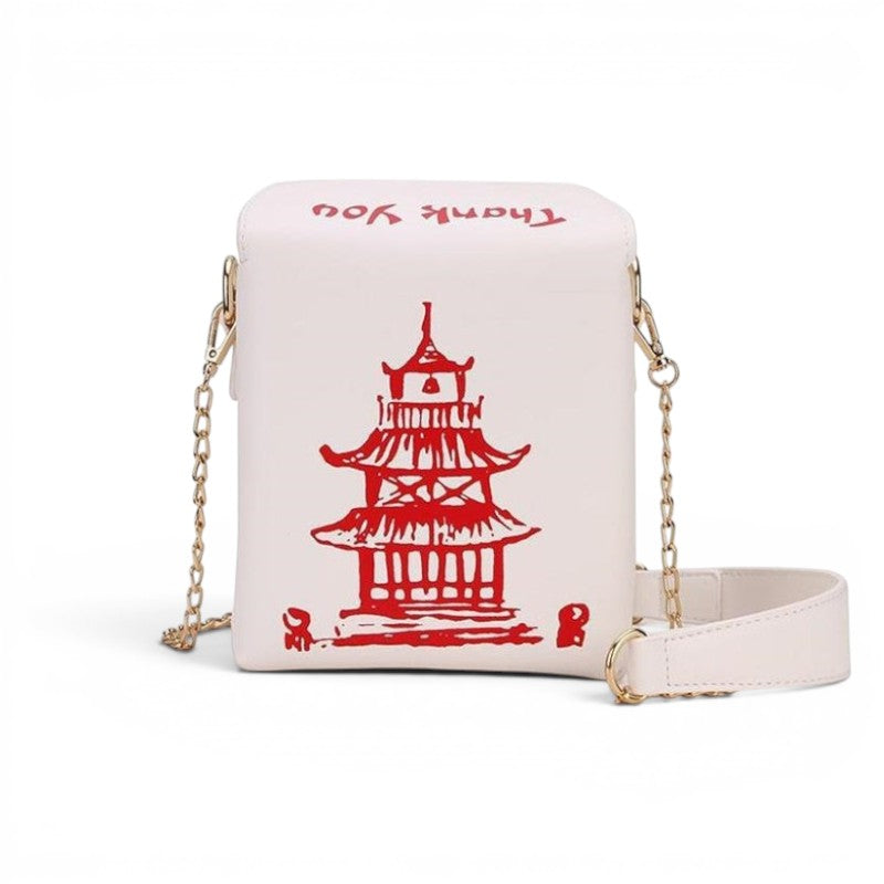 Pordein white PU leather mini bag shaped like a Chinese takeaway box with red pagoda and "Thank You" text.