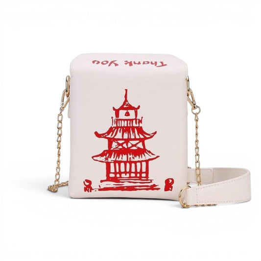 Pordein white PU leather mini bag shaped like a Chinese takeaway box with red pagoda and "Thank You" text.