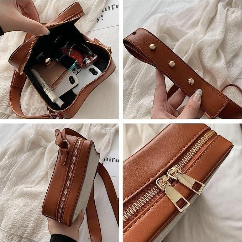 Pordein brown PU leather mini bag designed to look like toast with a separate egg purse. Features double zippers and adjustable strap.