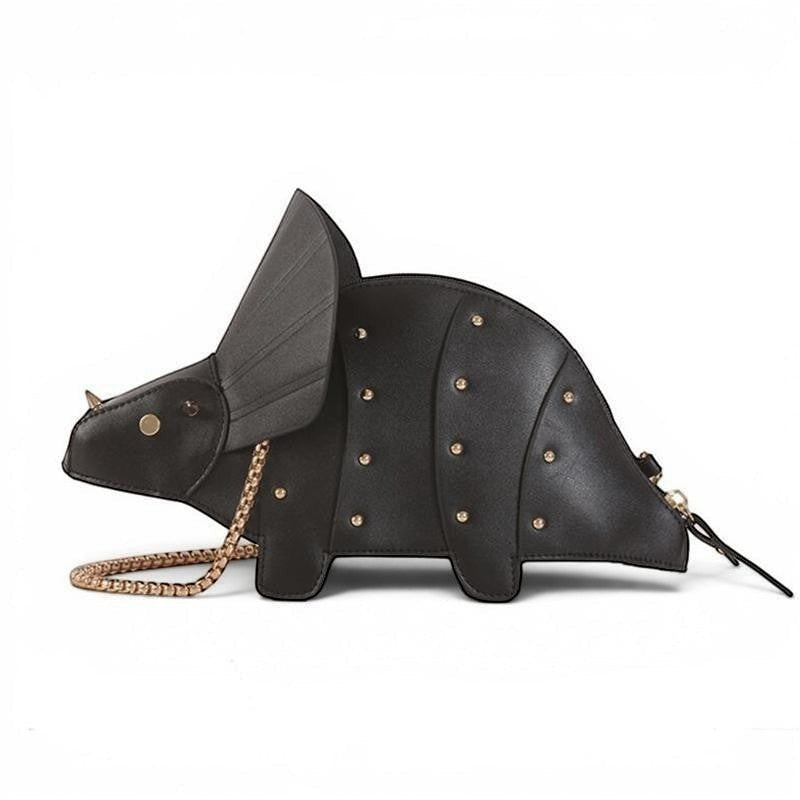 Pordein black vegan leather Triceratops mini bag with gold stud details and chain strap.