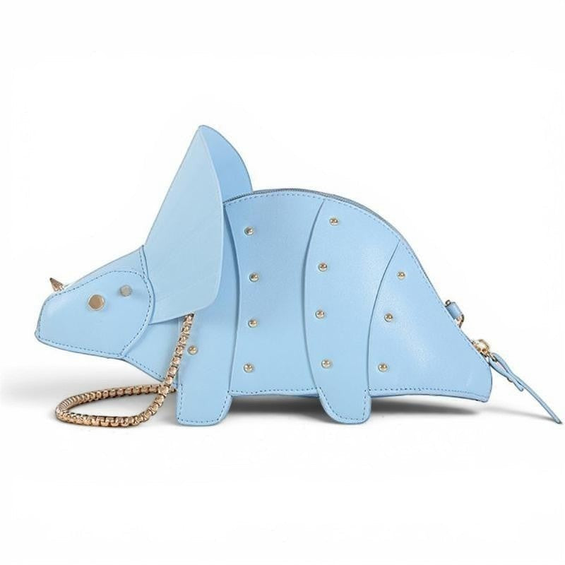 Pordein light blue vegan leather Triceratops mini bag with gold stud details and a gold chain strap.