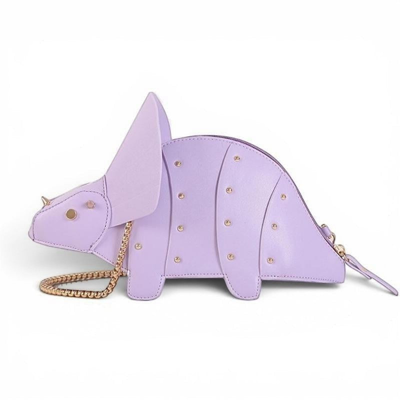Pordein lavender vegan leather Triceratops mini bag with gold stud details and chain strap.