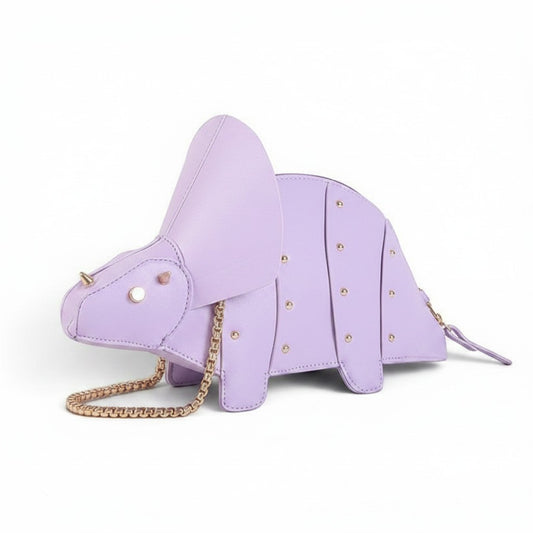 Pordein lavender vegan leather Triceratops mini bag with gold stud details and a gold chain strap.