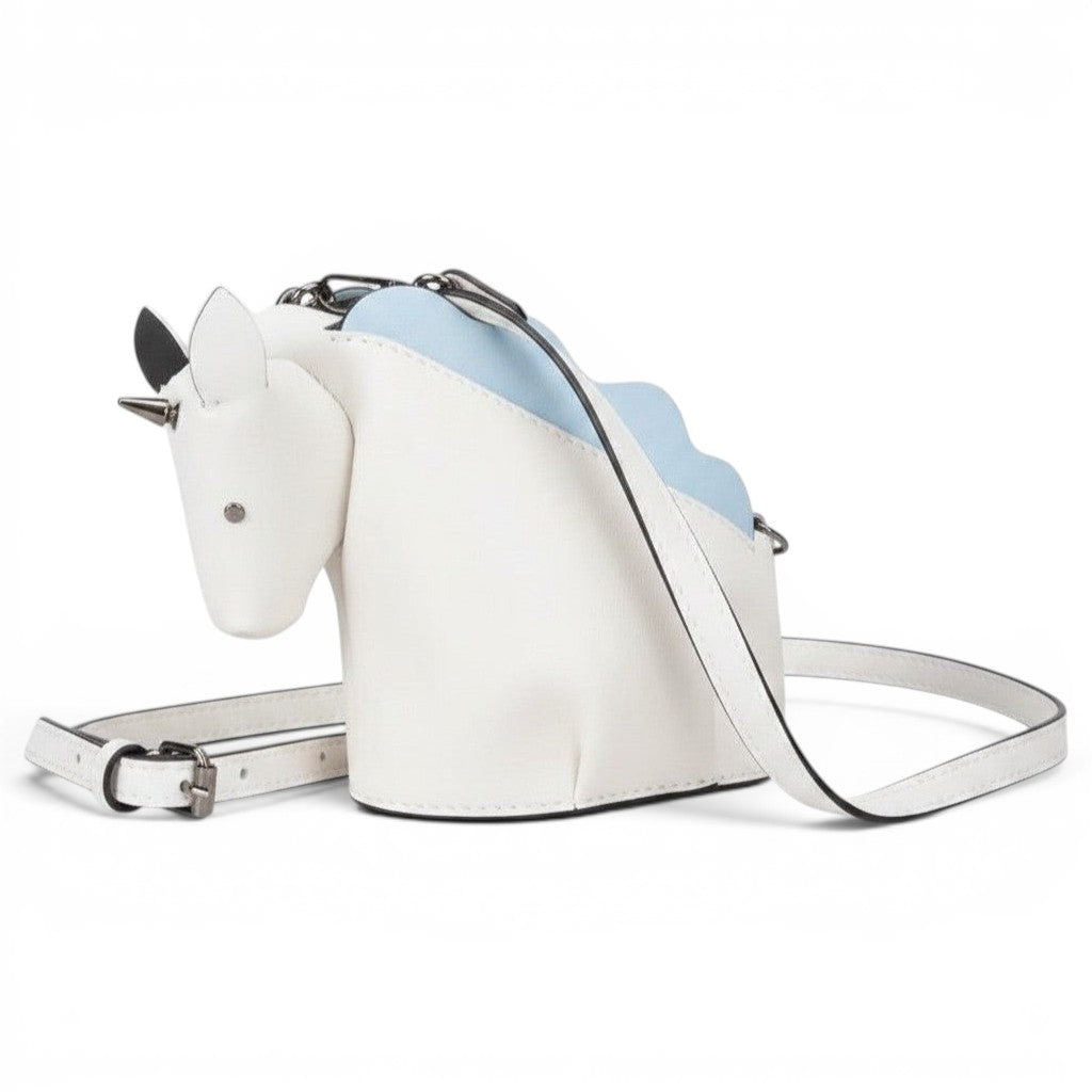 Pordein yellow and light blue PU leather unicorn mini bag with adjustable strap.
