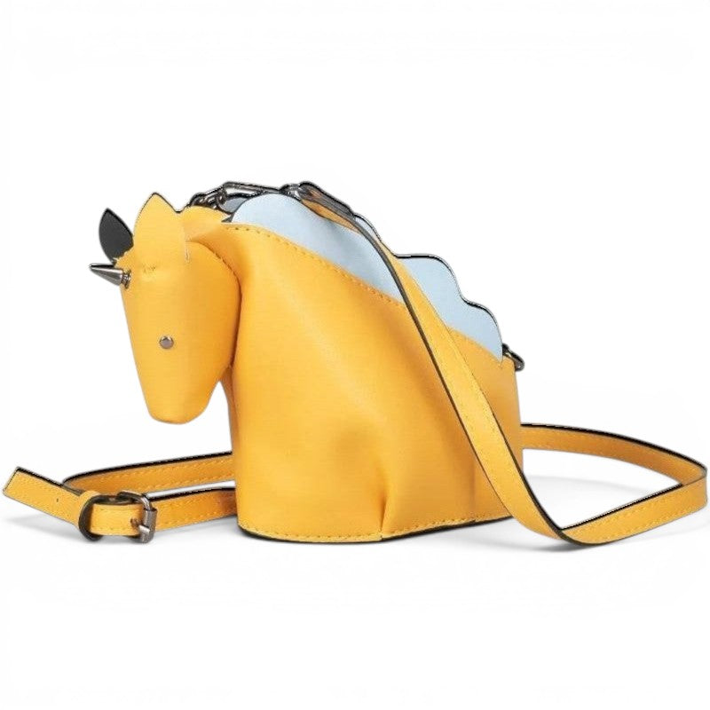 Pordein yellow and light blue PU leather unicorn mini bag with adjustable strap.