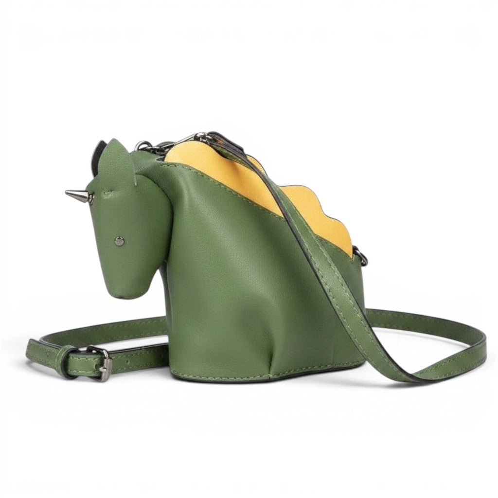 Pordein yellow and light blue PU leather unicorn mini bag with adjustable strap.